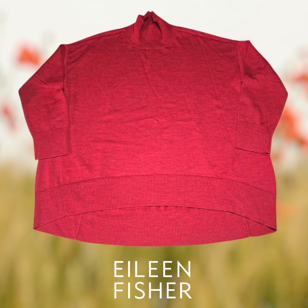 Eileen Fisher Sweater Womens Merino‎ Wool Boxy Mock Neck Red Medium TINY FLAW